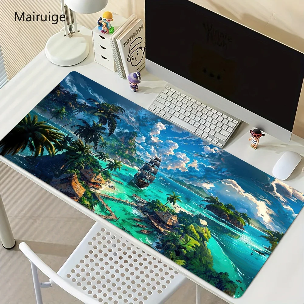 Mauspad mit Sommer-Strandurlaub-Motiv, großes Mauspad mit genähtem Rand, Computer-Schreibtischzubehör, Spieltischunterlage Image