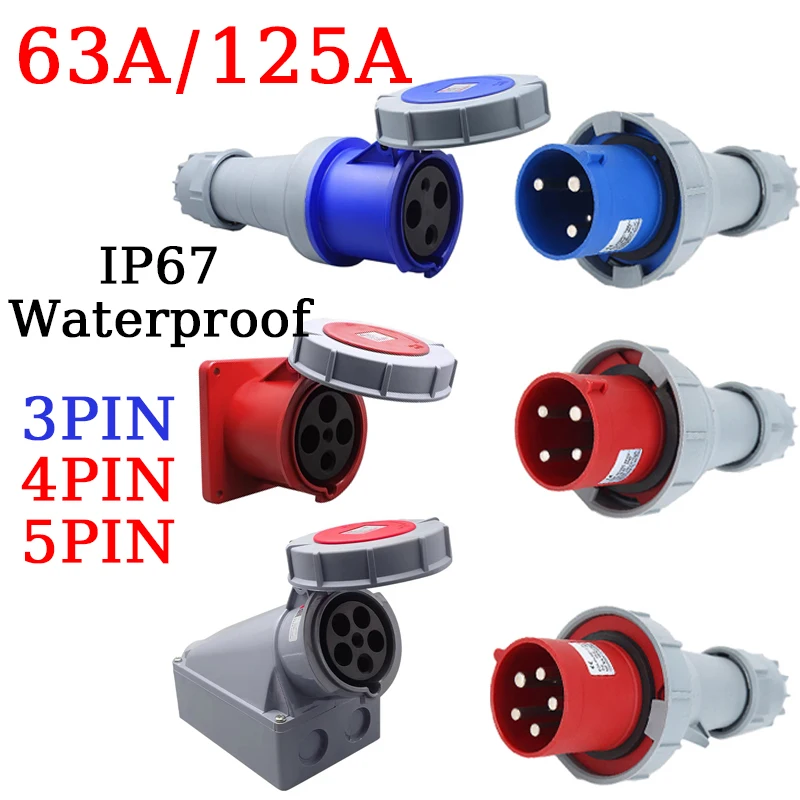 63a 125a Industriest ecker & Buchse 3/4/5-poliger elektrischer Stecker ip67 wasserdicht 3/4/5-adriger elektrischer Anschluss Wand halterung Image