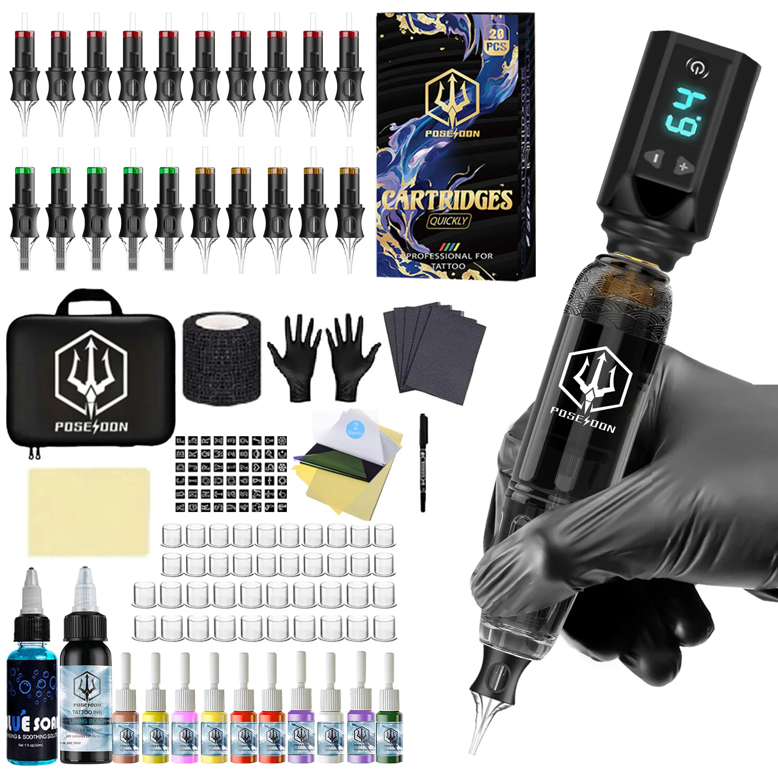 Tattoo-Set POSEIDON V5, leichtes Tattoo-Stift-Set für Permanent-Make-up, Tattoo-Maschinen-Set, kabellose schwarze Tattoo-Pistole, Tattoo-Set Image