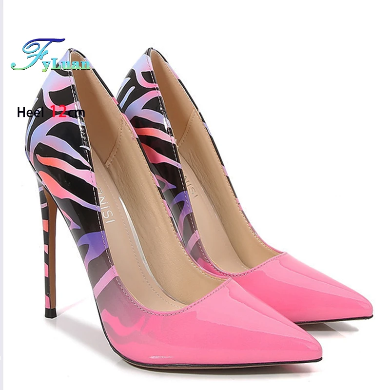 12CM Dünne High Heels Weibliche Mode Zebra Muster Farbverlauf Spitz Einzelnen Schuhe Elegante Frauen Rosa Pumpen Party schuhe
