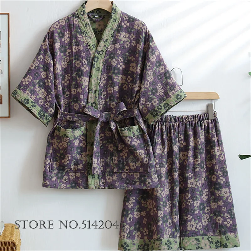 Pyjama-Set aus 100 % Baumwollgaze für Paare, japanischer Jacquard-Kimono, Yukata, Homewear, Pyjama-Anzug, lockere lässige Loungewear-Nachtwäsche Image