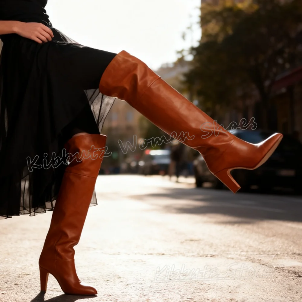 Kniehohe Stiefel Leder Einfarbig Slip-On Taste Spitz Spike Heels Mode Neuheit Luxus Concise Sexy Frauen Schuhe neueste