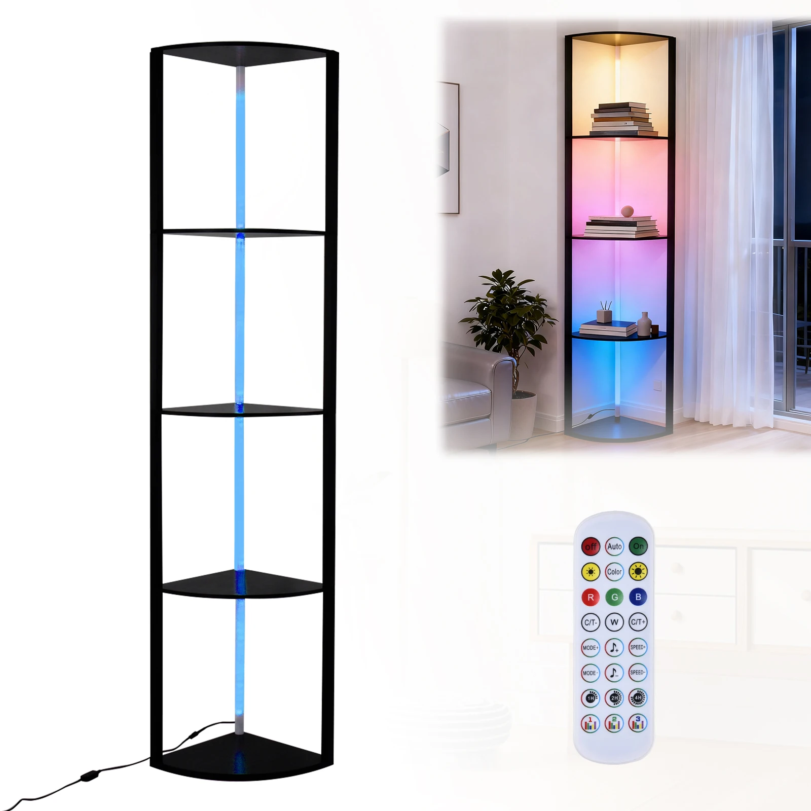 5-stufiges Eckregal mit farbwechselnden LED-Leuchten, 63,8 Zoll hohes Standregal mit APP-Fernbedienung für Wohnzimmer und Schlafzimmer Image