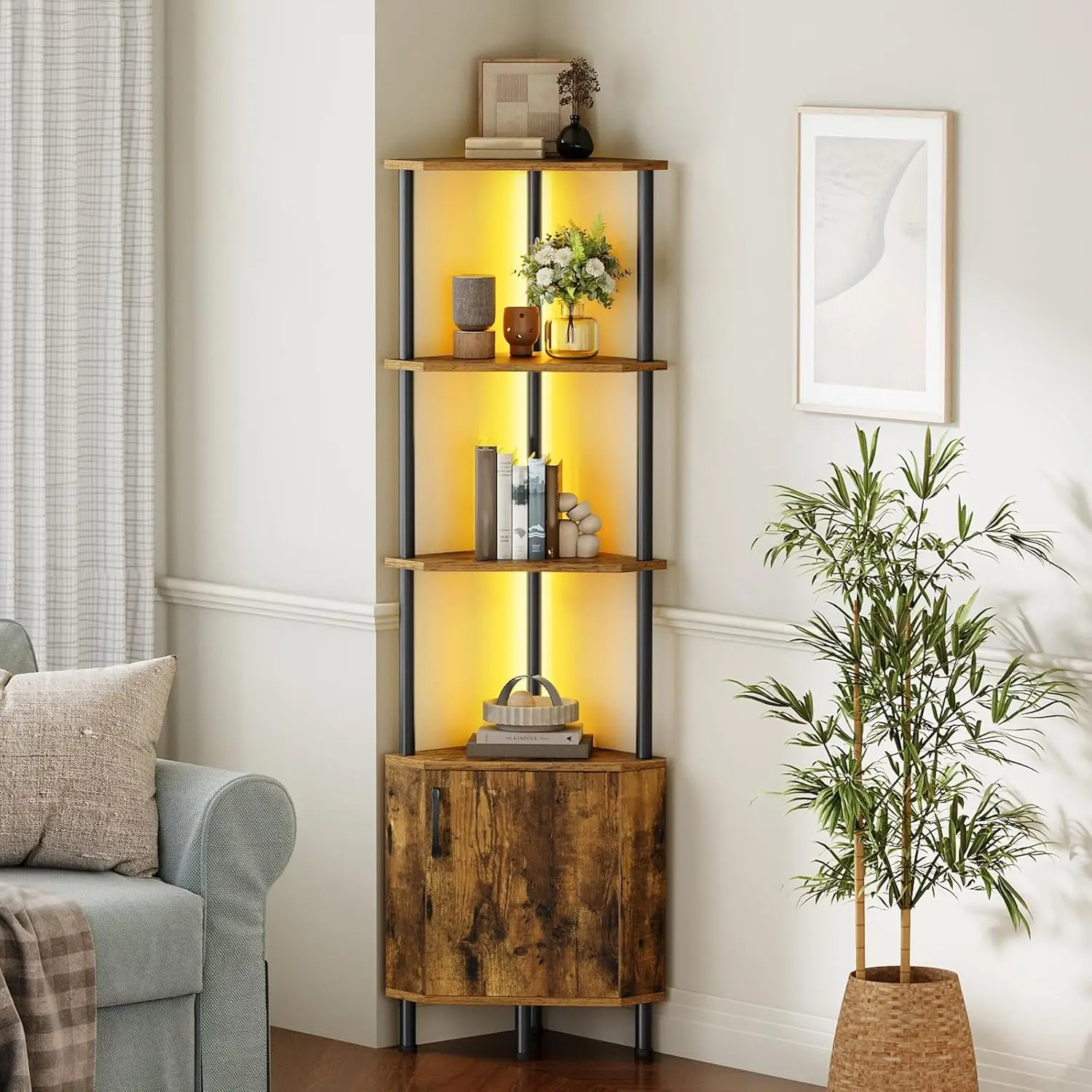 Eckschrank mit LED-Beleuchtung 4 Offene Regale Kippsicheres Bücherregal Aufbewahrung Display für Wohnzimmer Arbeitszimmer Küche Heimbüro Image