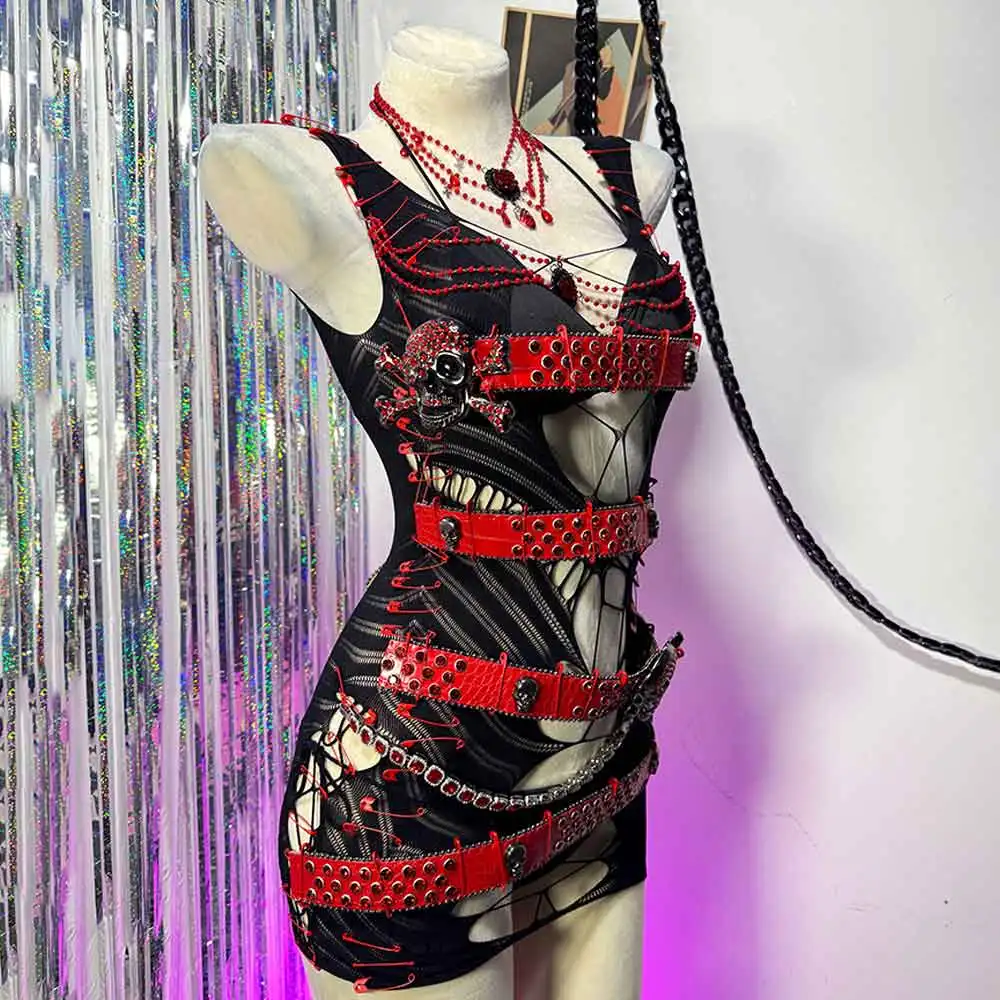 Öko 90er Jahre Punk Rock Y2K TOPS Kawaii handgemachte Totenkopf DIY Festival Outfit Teen Gothic Kleid Emo Grunge 2025 Harajuku E-Girls Goth Image