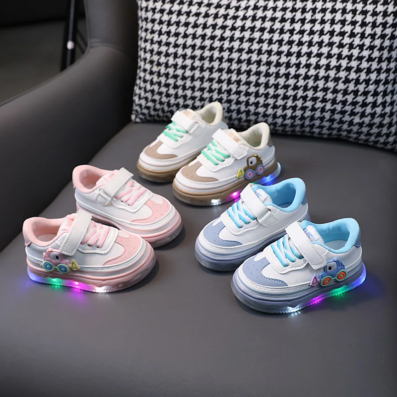 Kids'Casual Schuhe Led Licht Cartoon PU Leder Herbst Mode Flache Schuhe Für Mädchen Anti-slip Atmungsaktive Rosa Blau größe 15-25