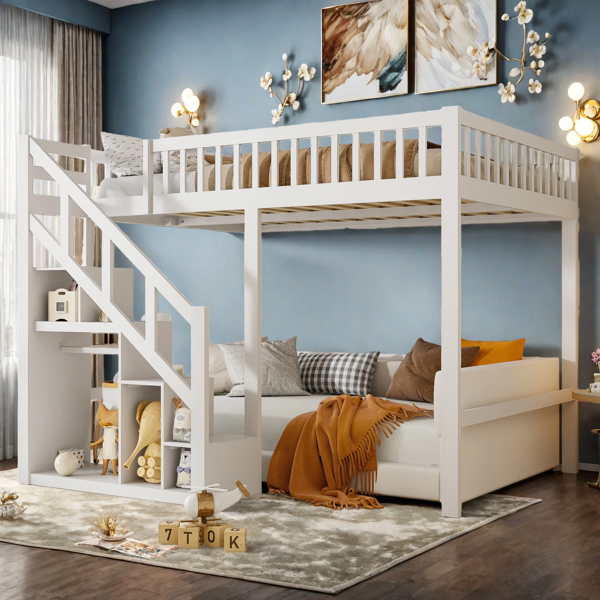 Rosahqnda Etagenbett 140X200 cm, Kinder-Etagenbett mit Treppe und Aufbewahrungsschrank, Kinder-Etagenbett, Massivholz Image