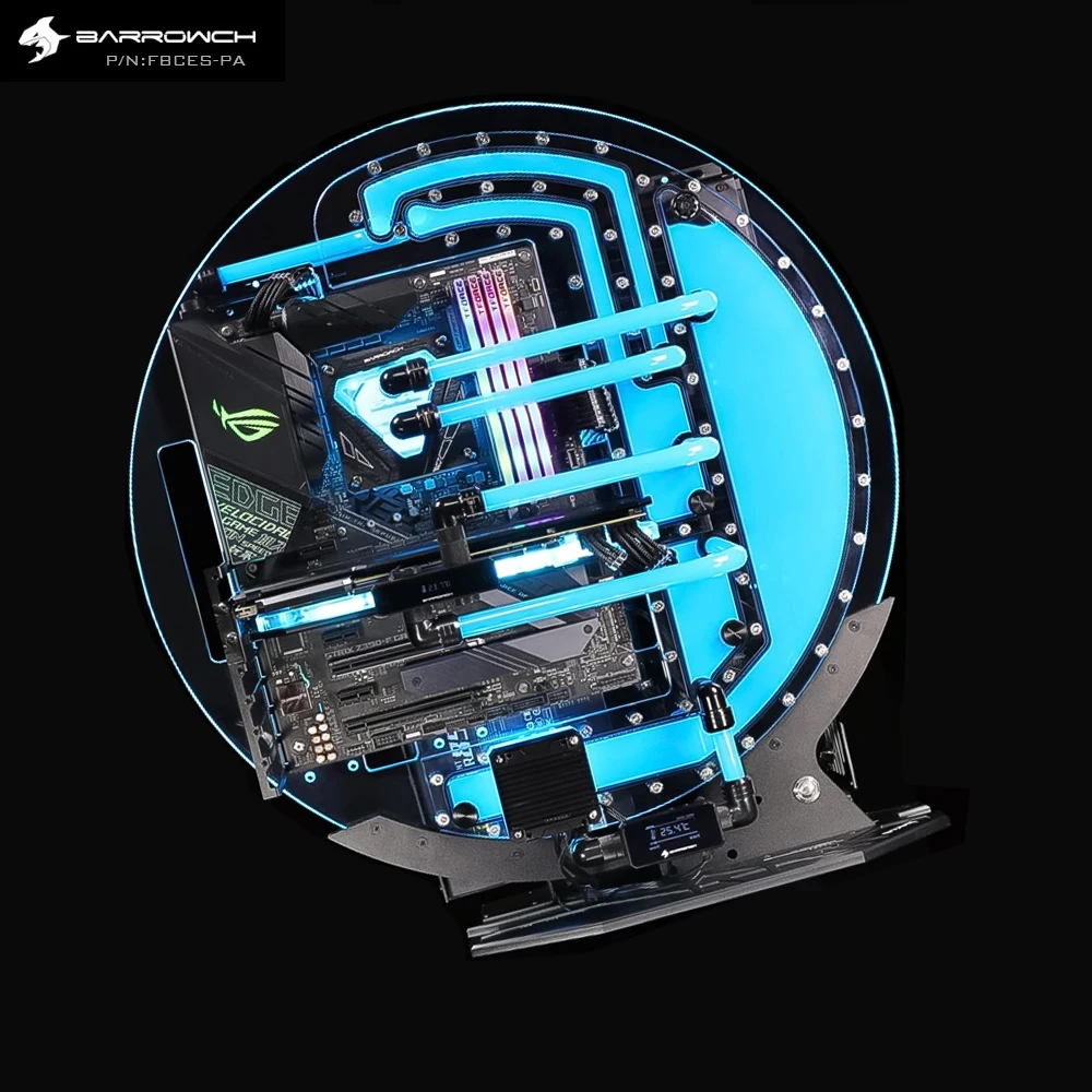 Barrowch Wassergekühltes Gaming-Gehäuse, Rundes Wasserkühlungs-Chassis, Kompatibel mit ATX / MATX / ITX Motherboard FBCES-PA