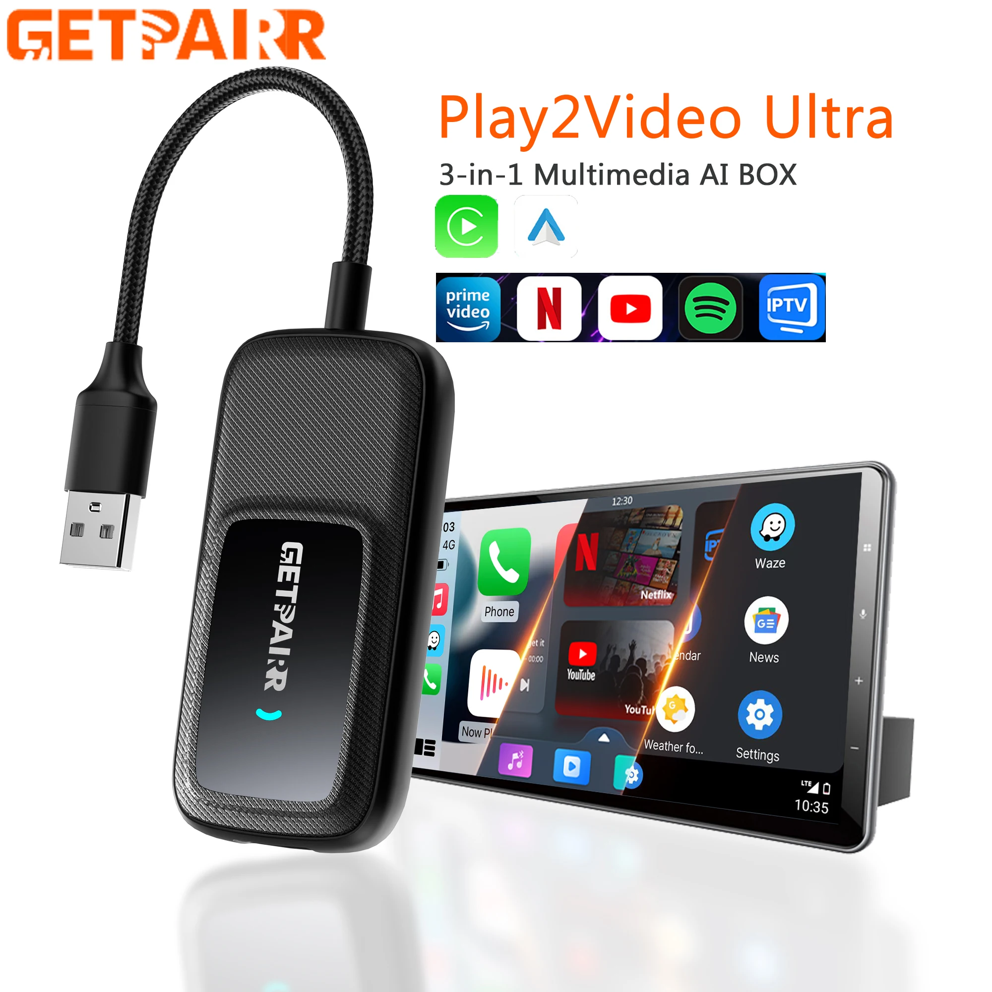 Getpairr Play2Video Ultra Carplay Ai Box Wireless Carplay Android Auto Adapter 5.0 Wifi Eingebauter Youtube Netflix Für 98 % Autos Image
