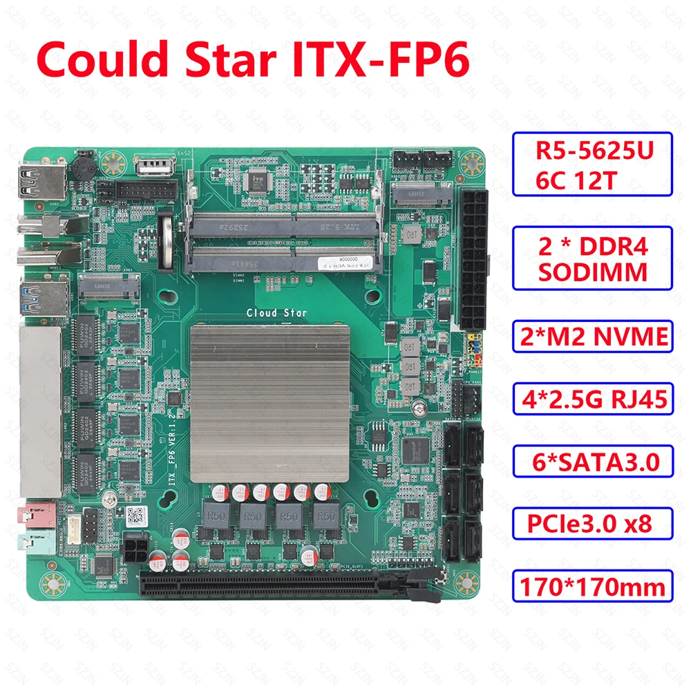 AIO FP6 Nas Set ITX Motherboard mit Onboard R5-5625U, Unterstützt 2*DDR4 Max 64GB, 4*2.5G I226-V, 2*M.2-NVME, 6*SATA3.0 PCIE3.0 Image