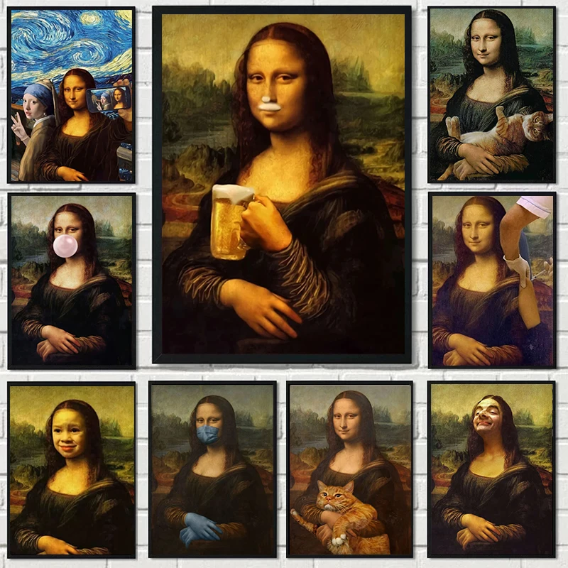 Vintage lustige Mona Lisa Porträt Poster kreative Bier Katze Leinwand Malerei und Druck Retro Wand Kunst Bilder für Zimmer Home Decor Image