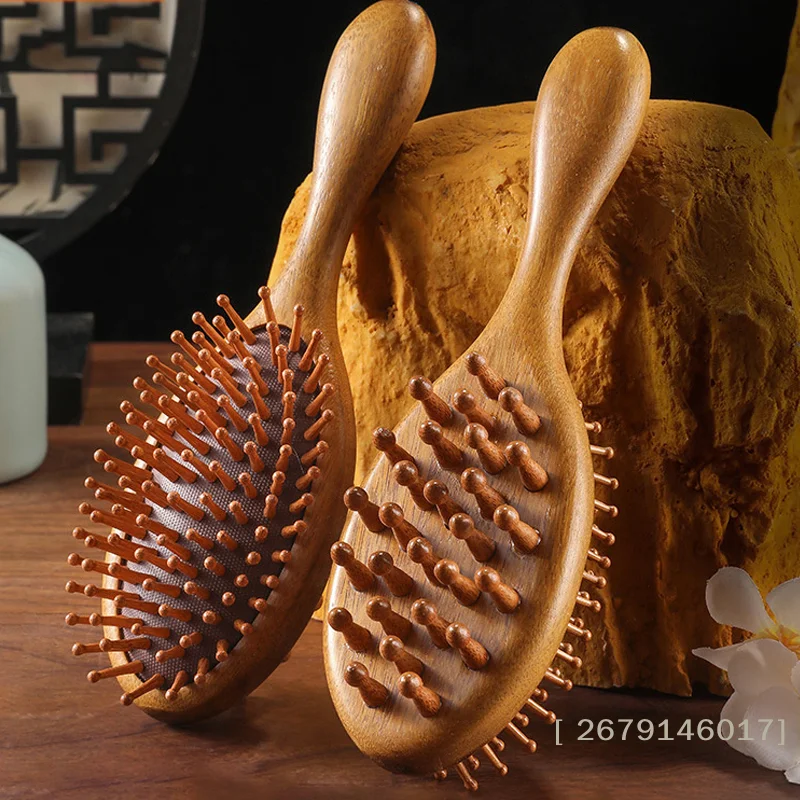 【YY26】Doppelseitiger Sandelholz-Luftkissenkamm, antistatisch, Kopfhautmassage, Holzkamm für die Blutzirkulation im Kopf, Nasenkamm, Bürste für lockiges Haar Image