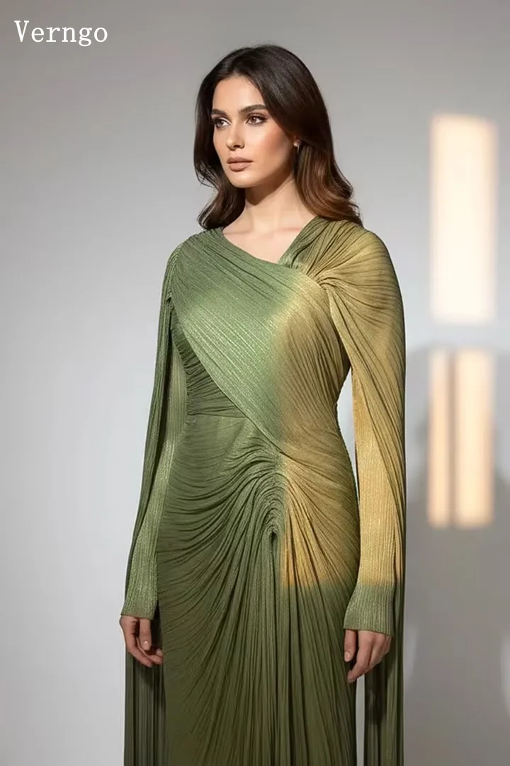 Verngo Abendkleid aus glänzendem Satin in Grün/Burgunderrot, volle Ärmel, A-Linie, plissiert, formelles Anlasskleid, elegante Ballkleider, individuell gestaltet