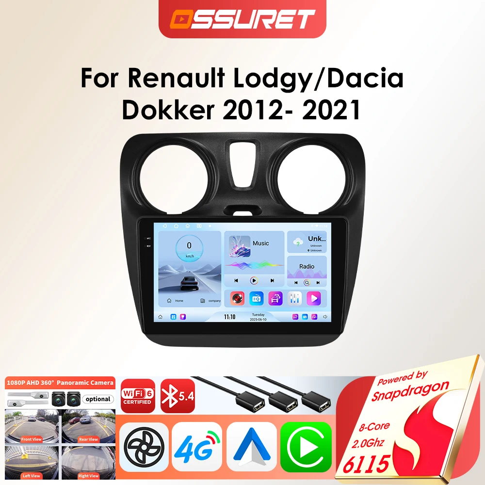 OSSURET Android-Autoradio-Player für Dacia Dokker Renault Lodgy 2012–2021, Carplay, Auto-GPS, 2 DIN, Auto-Multimedia von Snapdragon 6115 Image
