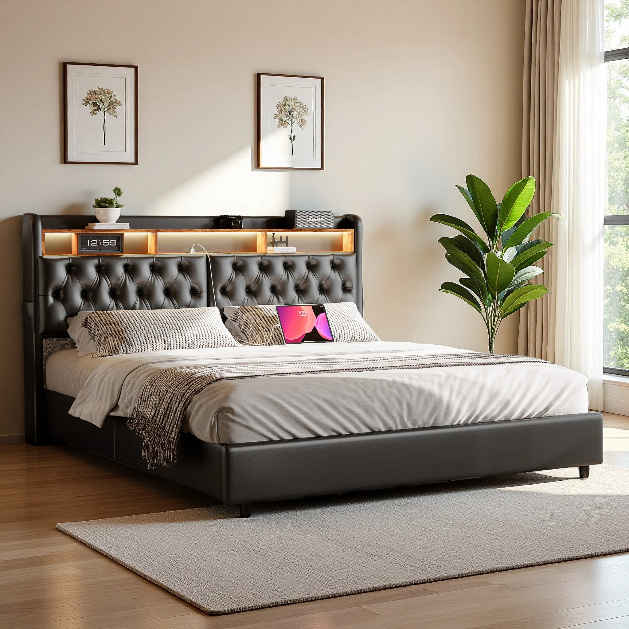 Hydraulisches Bettgestell (180 x 200 mm), Nachttisch mit LED-Beleuchtung und USB-Anschlüssen, Polsterbett mit Stauraum und Lattenrost, Schwarz Image