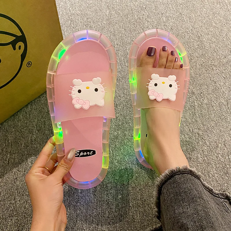 Kinder-Hausschuhe, Sandalen, LED-Licht, Sanrio Hello Kitty, PVC, Sommerschuhe für Mädchen, rutschfeste rosa grüne Schuhe, Größe 36–45