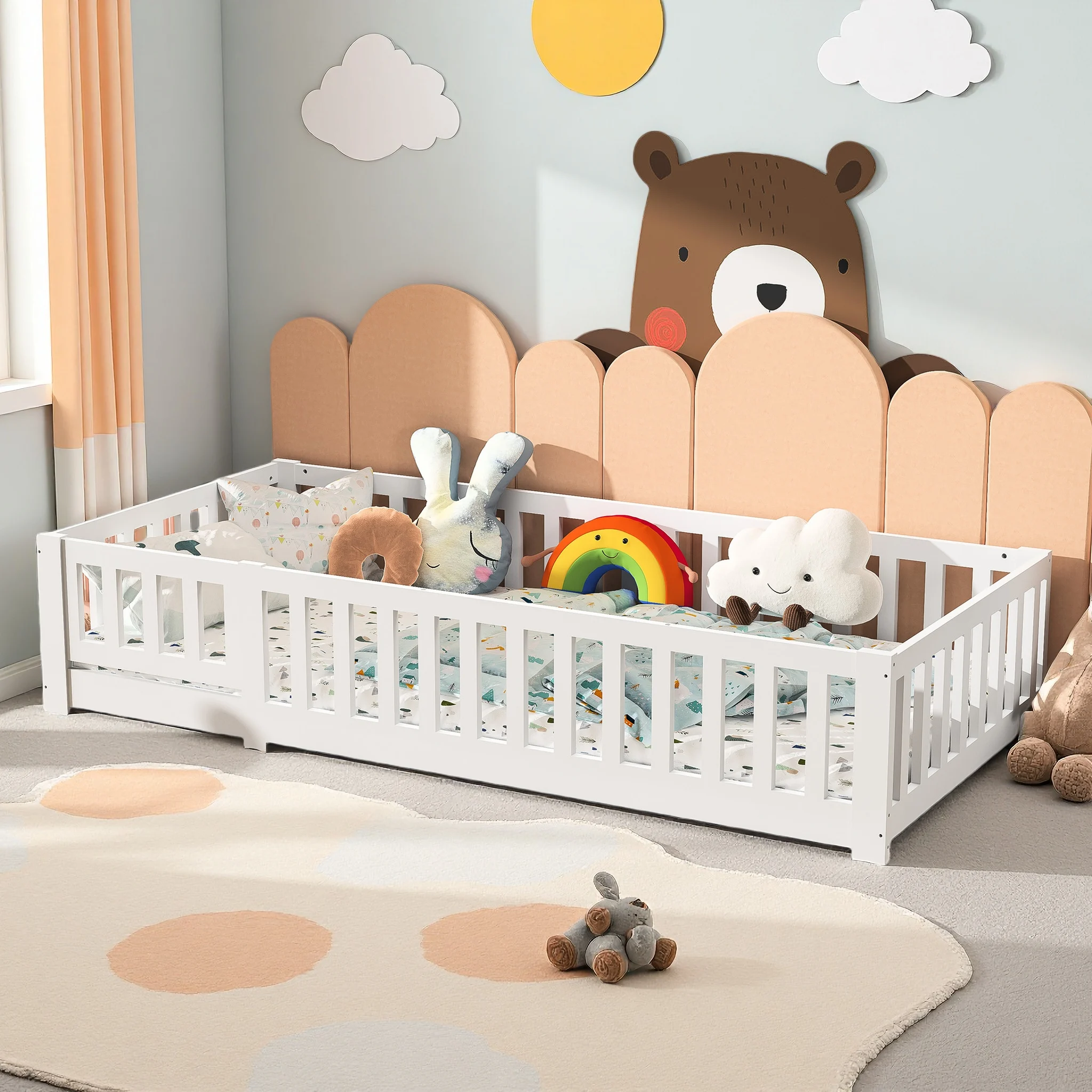 Rosahqnda Kinderbett 90x200 cm, Bettgestell aus Massivholz, Bett mit Schubladen, geeignet für Jungen und Mädchen mit Stoßschutz, Weiß Image