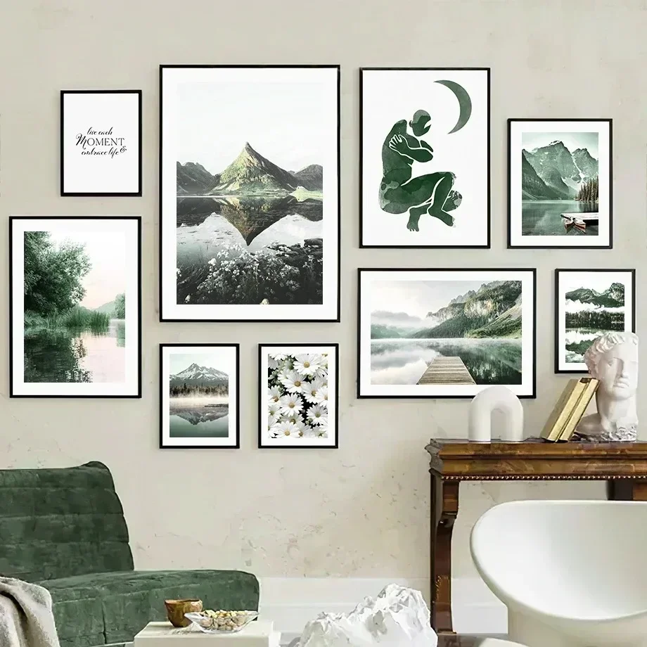 Abstrakte nordische Poster und Drucke, Wandkunst, Leinwandgemälde, Sommer, grüner See, Wald, Hügel, Blumendekor, Bilder für Wohnzimmer Image