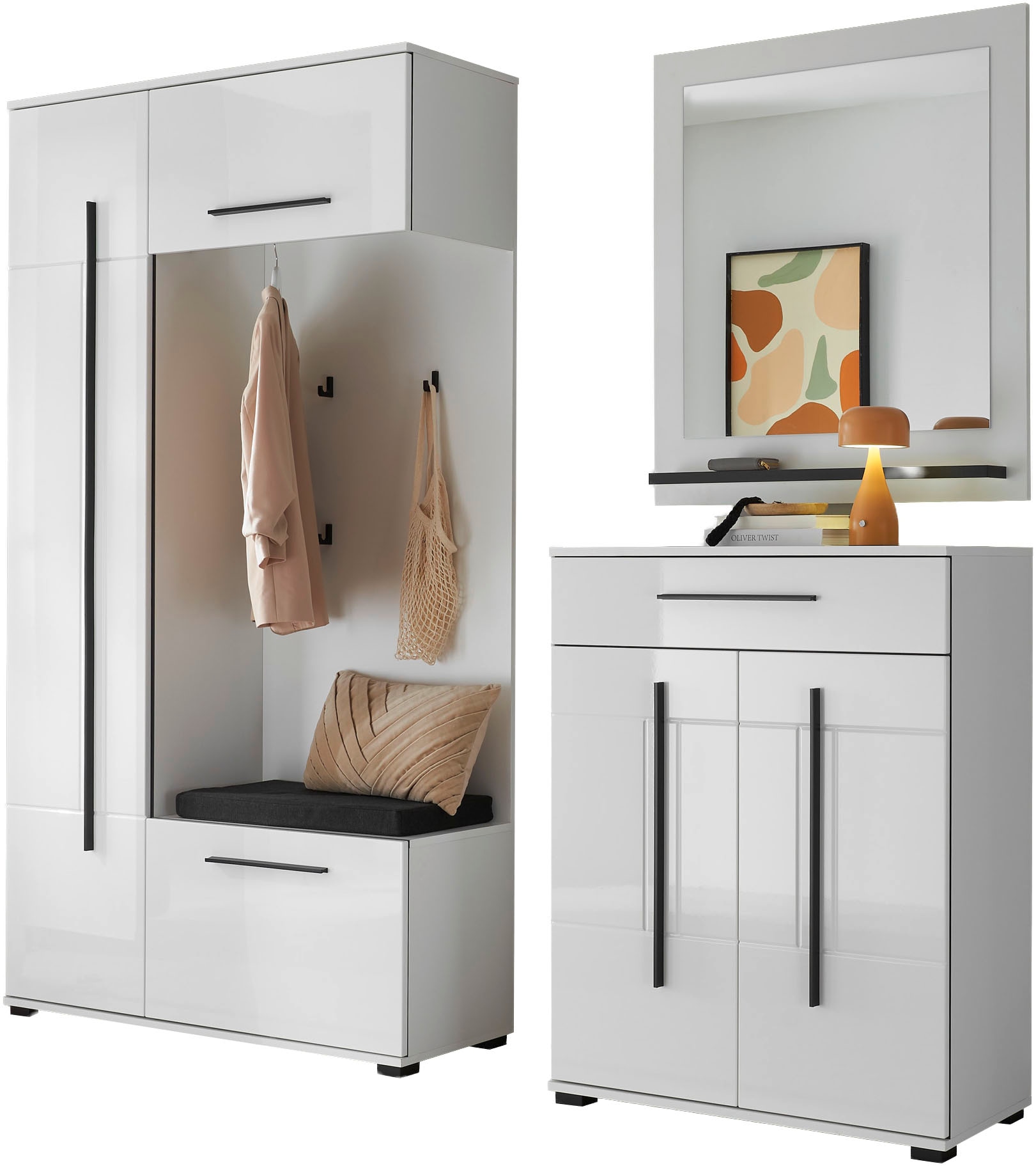 Garderoben-Set HOME AFFAIRE "Cantara, moderne Garderobe, Komplettset mit viel Stauraum", weiß, B:201cm H:201cm T:39cm, FSC-zertifizierter Holzwerkstoff, Kastenmöbel-Sets, enthält Garderobenschrank, Kompaktgarderobe inkl. Sitzkissen & Spiegel Image