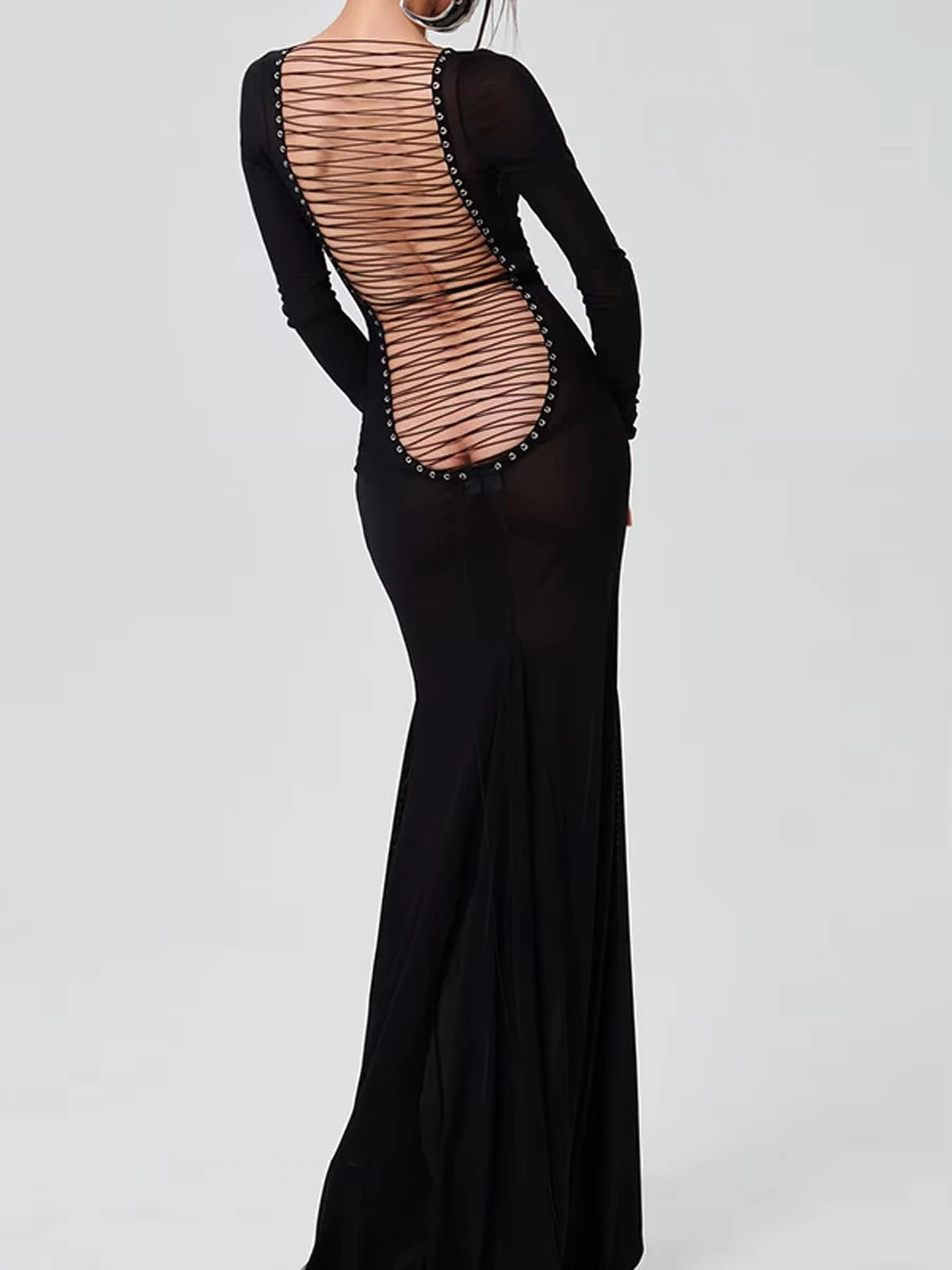Abito nero in pizzo trasparente a maniche lunghe per donna Abito da sera sexy lungo fino al pavimento Abiti da club per feste sottili Abito natalizio rosso