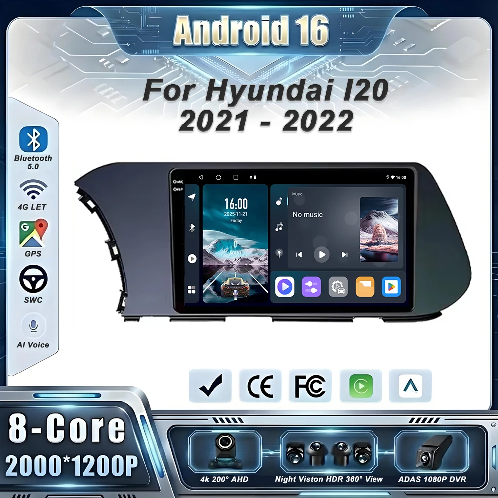 Android 16 Per Hyundai I20 2021 - 2022 Auto Radio Lettore Video Multimediale di Navigazione Carplayer 5G Wifi GPS BT CPU Auto 2din DVD