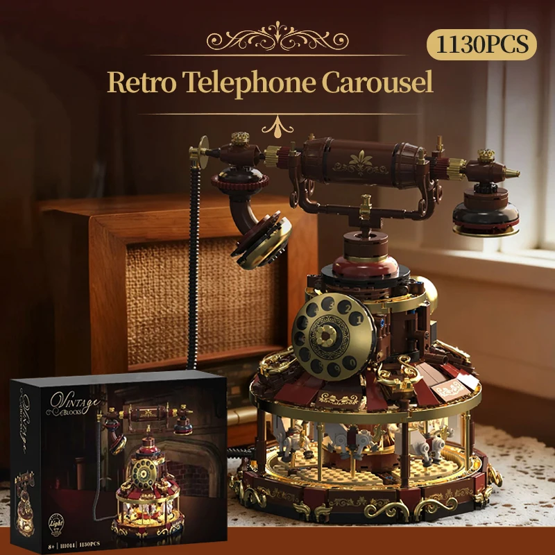 Technical MOC Retro Rotary Dial Telephone Rotating Carousel Building Blocks Vintage Classic Decoration Bricks MOC Toy Adult Gift