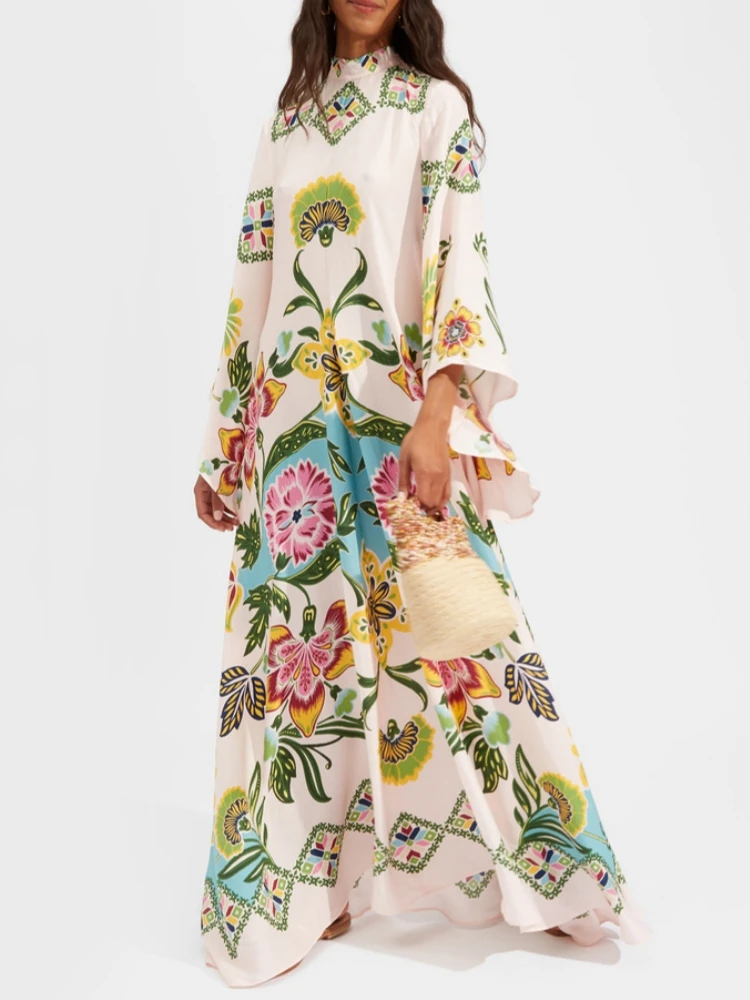 Abito Lungo Etnico Retrò con Stampa Primaverile Boho, Vestito Sexy da Donna con Colletto Alto e Lacci, Abito da Festa Autunnale a Maniche Lunghe, Vestito Lungo Ampio da Donna
