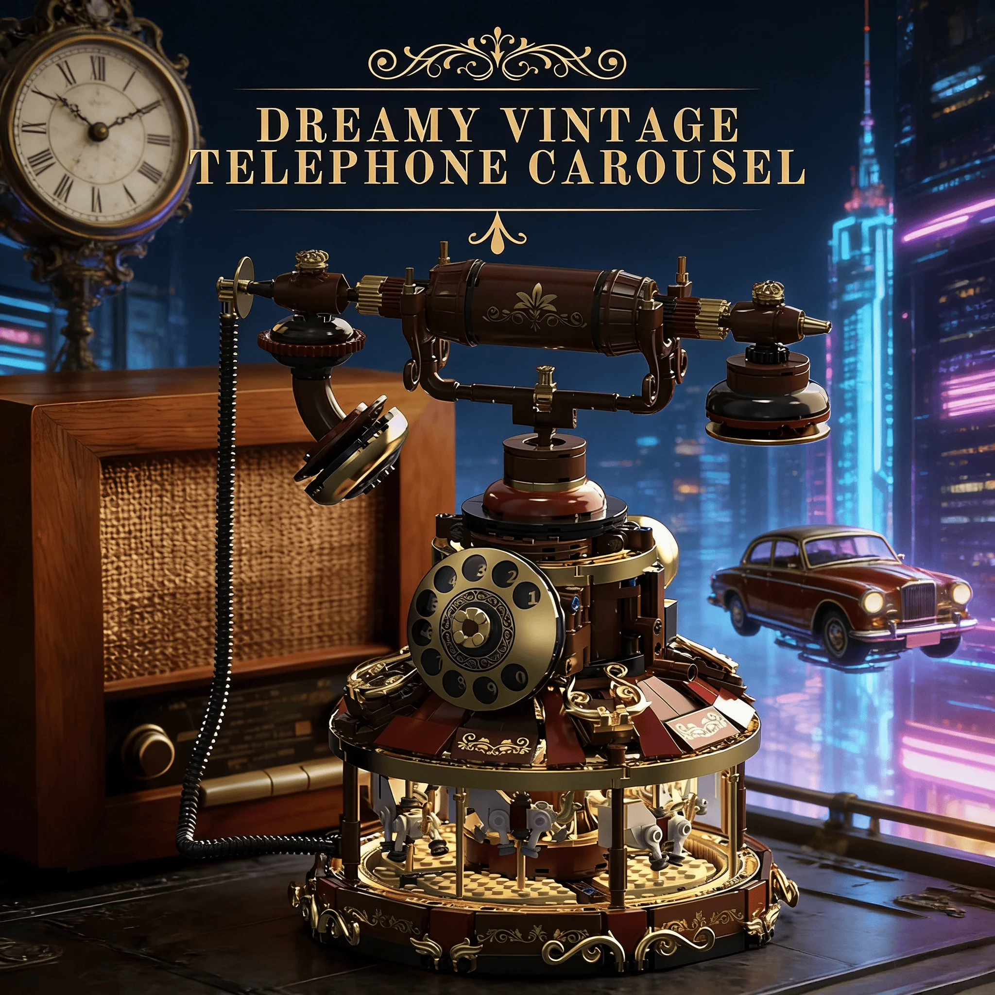 MOC Retro Rotary Dial Telephone Carousel Building Blocks Old-fashioned Phone Ornaments Decor Bricks Toys for Christmas Gifts