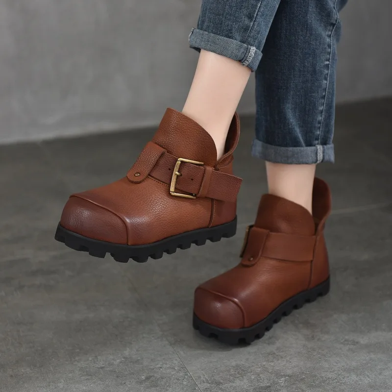 Birkuir Schnalle Starke Ferse Stiefeletten Frauen Großen Kopf High Top Schuhe Luxus Kurze Stiefel Luxus Echtes Leder Roiund Toe Stiefel