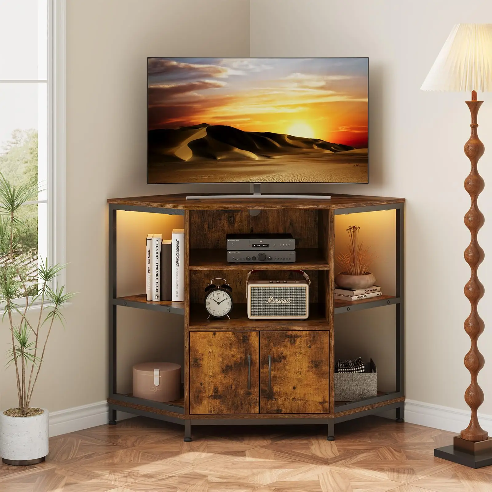Eck-TV-Schrank mit LED-Beleuchtung, Eckkommode für Wohnzimmer im Industriedesign, 105x50x79 cm Vintage Braun