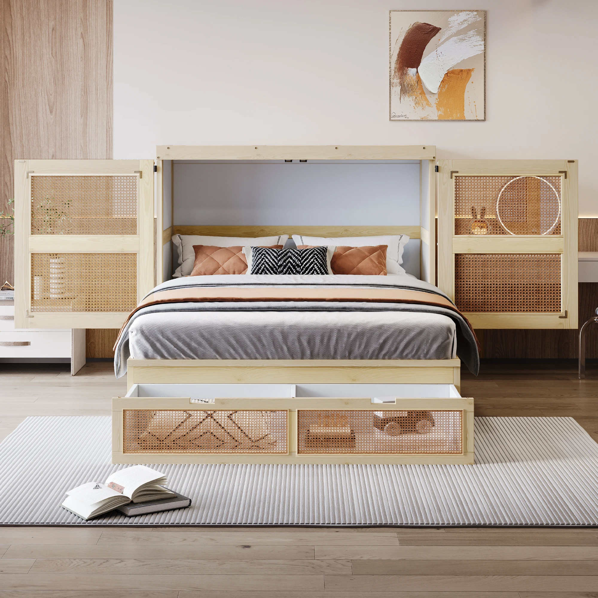 KOMHTOM Holzfarbenes Schrankbett 140x200 cm Wandklappbett mit Lattenrost und Stauraumschubladen Rattan Design Holz Einzelbett