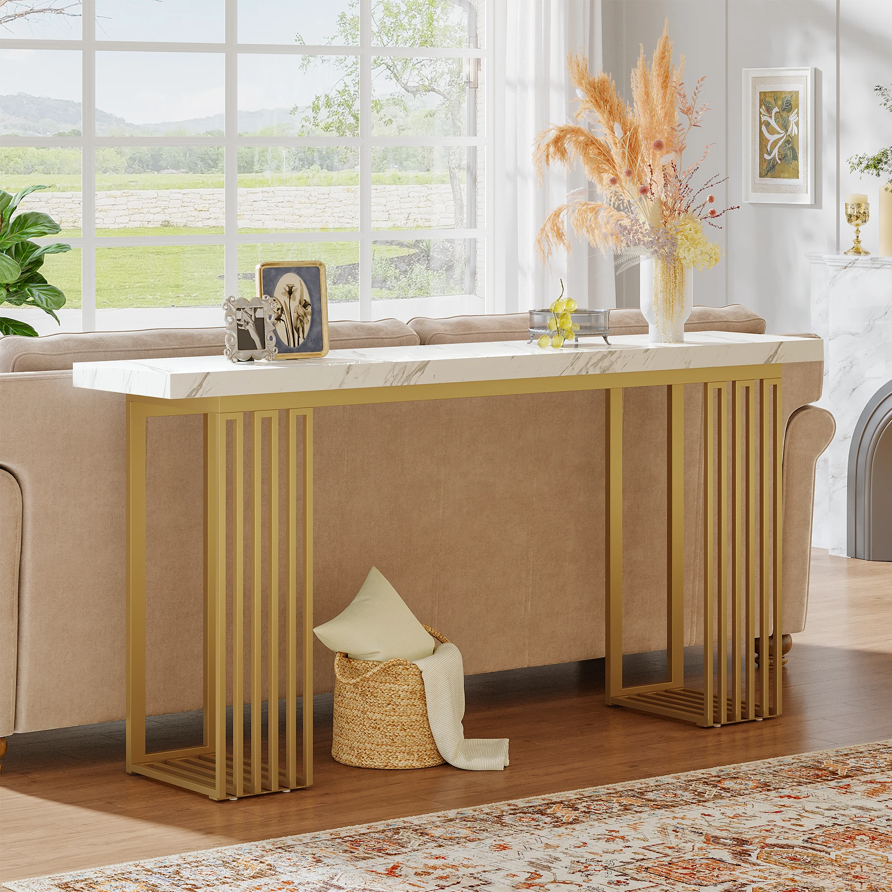 Tribesigns Moderner Konsolentisch mit weißer Kunstmarmorplatte & goldfarbenem Metallgestell, 63 Zoll schmaler langer Sofatisch für Eingangsbereich, Flur.