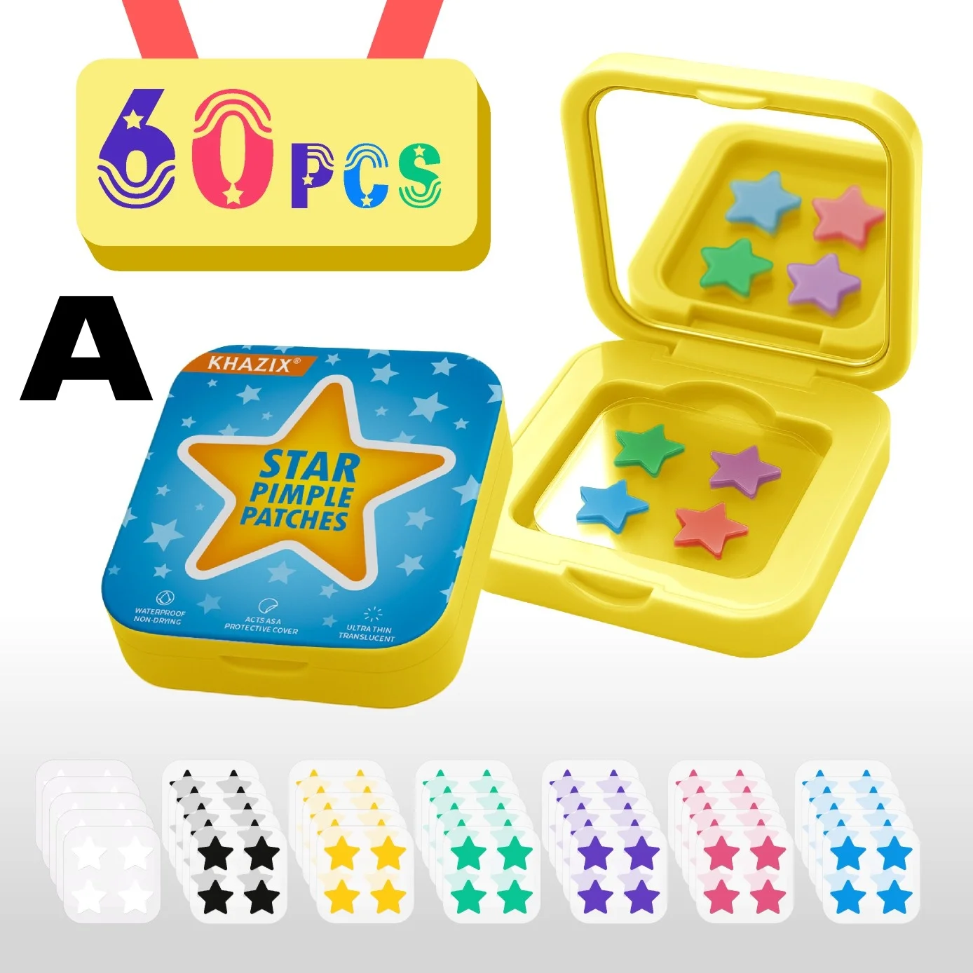 60 Stück mehrfarbige Stern-Akne-Pflaster werden mit einem Schminkspiegel geliefert. Tragen Sie es jederzeit, um Ihr Make-up zu berühren. Bunte s Image