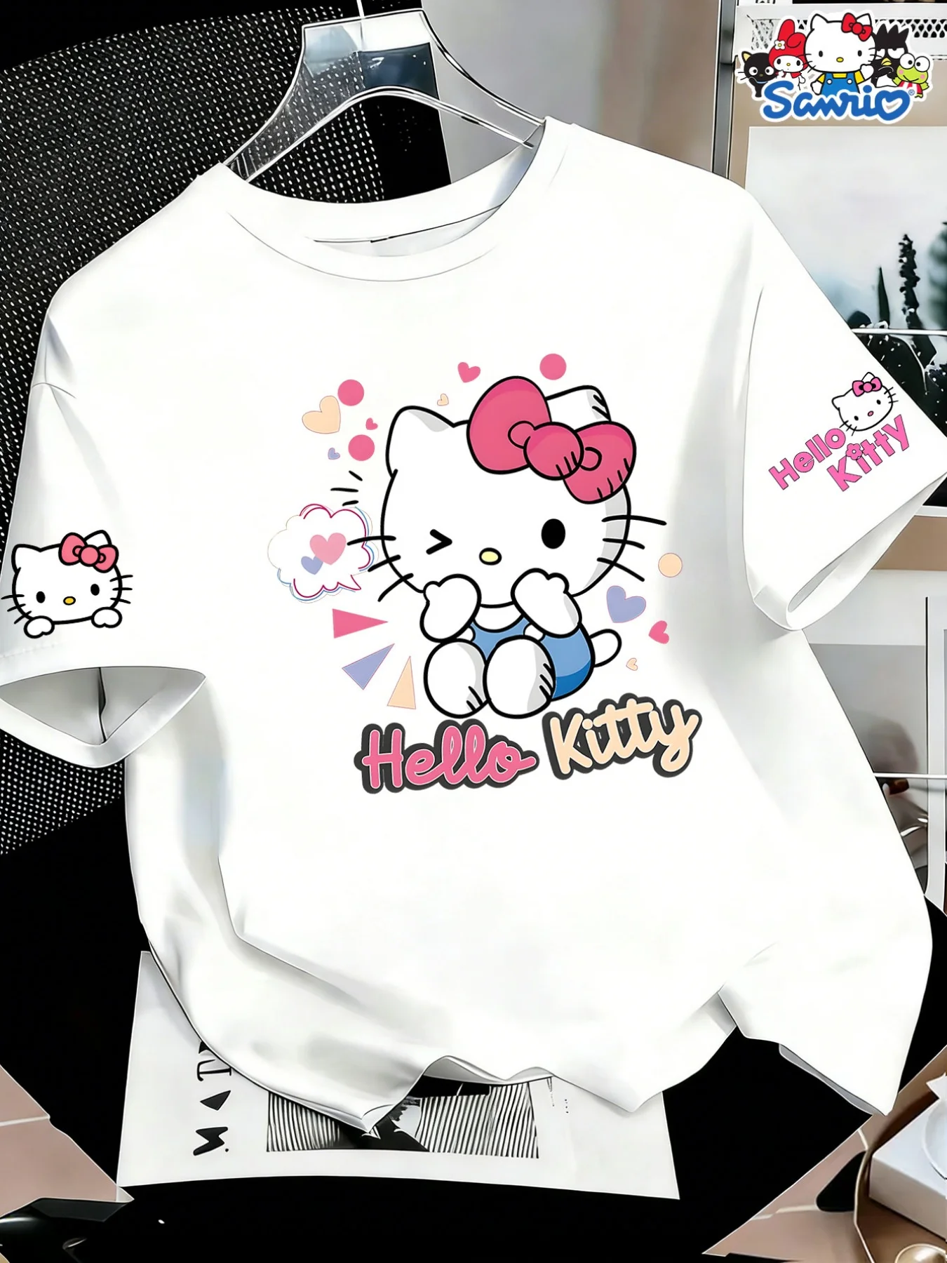 2026 Sommer Hello Kitty Oversized T-Shirt 100% Baumwolle Niedlicher Zwinkernder Herz-Print Unisex Y2K Casual T-Shirt für Erwachsene und Kinder