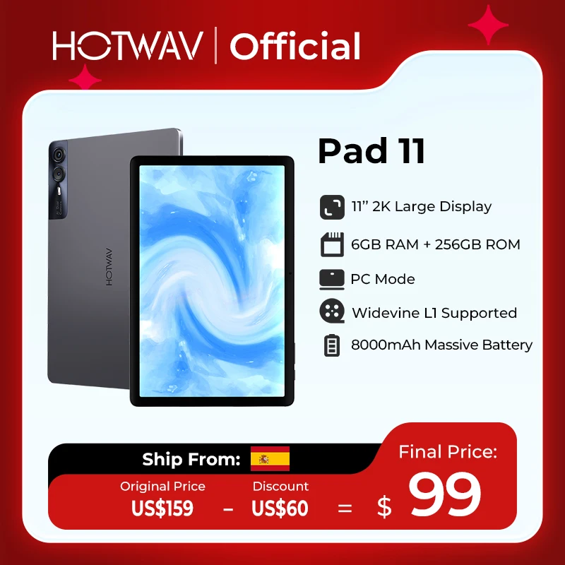 [ES] HOTWAV Pad 11 Tablet 11'' 2K Display Quad-Lautsprecher 8000 mAh PC Modus Pad 6 GB RAM 256 GB ROM Android 13 Global 4G Tablet PC Image