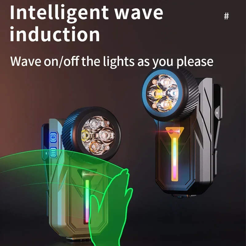 Neue magnetische Arbeitsleuchte mit Clip, USB-aufladbar, vier Lichtquellen, multifunktionale Induktions-Stirnlampe, LED-Taschenlampe. Image