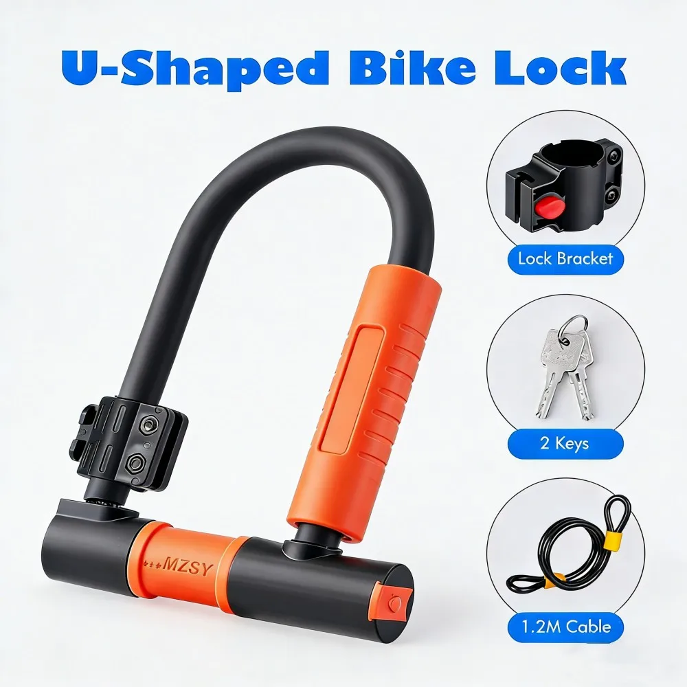 Fahrrad-Sicherheits-U-Schloss D-Schloss mit 1,2M Stahlkabel Hochleistungs-Diebstahlschutz Fahrradschloss-Set mit 2 Schlüsseln & Halterung für MTB Rennrad Image