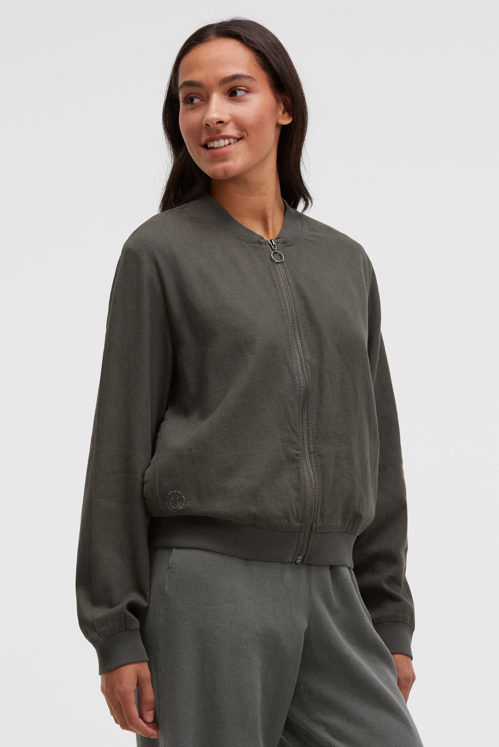 Blouson SOCCX, Damen, Gr. XS, cool khaki, Web, Material: 55% Leinen, 45% Viskose, Glitzermuster, bedruckt, regular fit normal, eingesetzt Rippbündchen, Jacken Blouson, mit Rippbündchen im Ärmel Image