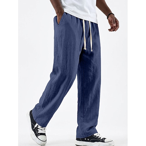 Herren Leinenhosen Hose Sommerhose Baggy-Hosen Tasche Elastischer Bund Gerader Schnitt Einfarbig Bequem Atmungsaktiv Volle Länge Lässig Täglich Ferien Urlaub Mode Blau Schwarz Unelastisch Image
