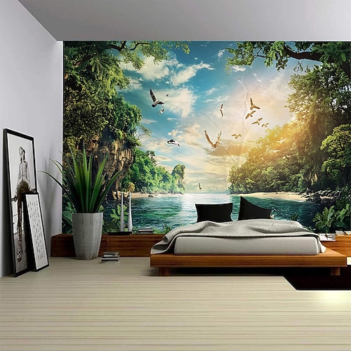 Moderner Wandteppich mit See-, Wald-, Wasserfall- und Bootsmotiv, digitaler Druck, malerischer Wandbehang für Schlafzimmer, Wohnzimmer, Studentenwohnheim, Heimdekoration, Fotohintergrund Image