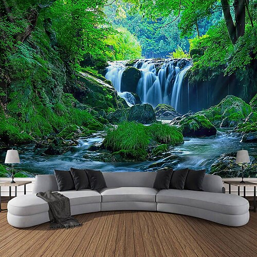 3D-Wandteppich mit Wasserfall- und Waldlandschaftsmotiv, großflächig, grün, mit herabstürzendem Wasser, als Wandbehang für Schlafzimmer oder Wohnzimmer. Image