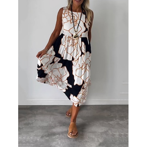 Damen Midikleid Freizeitkleid Blumenkleid Elegant Mode Modern Outdoor Urlaub Ausgehen Normale Passform Blumen Ärmellos Rundhalsausschnitt Blau Weiß Rosa Rote Sommer Frühling Image
