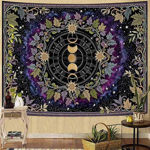 Mystischer Wandteppich mit Sonnengesicht, Pilzmotiv, Mondphasen, Kristallen, Farnen und psychedelischer Ästhetik – ideal für Schlafzimmer und Wohnzimmer. Image