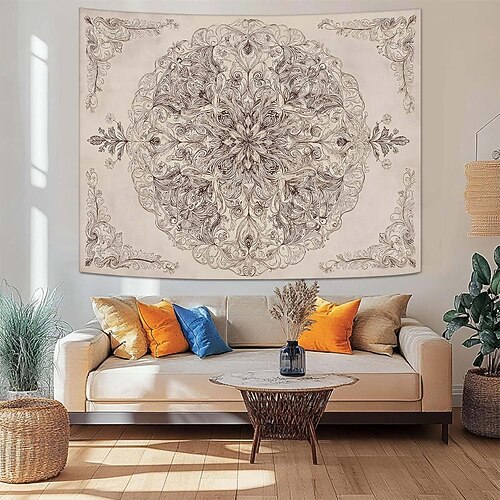 Wandteppich mit pastellrosa Aquarellblumen-Mandala, ästhetischer Pfirsichblütenkranz, Boho-romantische Schlafzimmerdekoration, Mädchenzimmer-Hintergrund Image