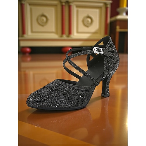 Professionelle lateinamerikanische Tanzschuhe für Damen in Silberglitzer – gekreuzte Riemchenschuhe für Salsa, Tango, Walzer und Tanzwettbewerbe Image