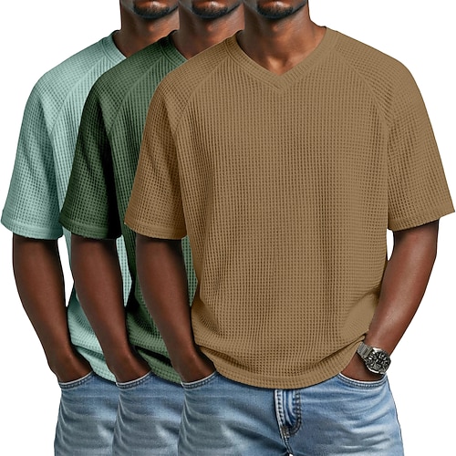 3er-Pack Herren-Waffel-T-Shirts, Kurzarm, V-Ausschnitt, Sommer, einfarbig, strukturiert, modisches Designerstück, lässig, Designer-Stil, Multipack, Raglanärmel, lässig, für Alltag und Outdoor, Image