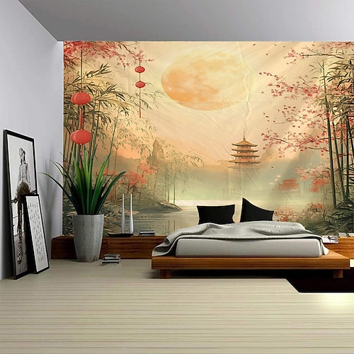 Digital bedruckter Wandteppich mit Mondsee-Motiv, Blumen und Bäumen – eine malerische Landschaft für Schlafzimmer, Wohnzimmer, Studentenwohnheim oder als Dekoration für Ihr Zuhause. Image