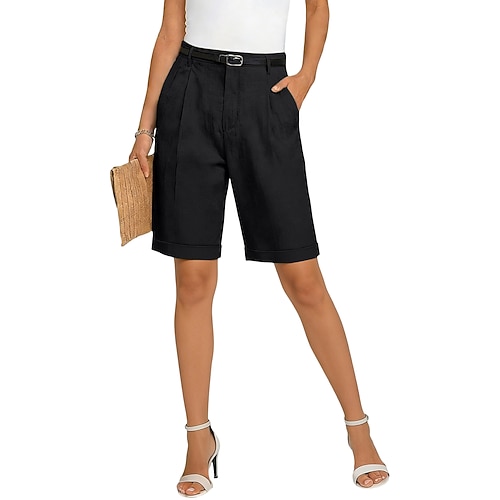 Damen Shorts Leinenshorts Schicke Shorts Sommershorts Mode Basic Formell Knielang Mittlere Taillenlinie Einfach Tasche Elastischer Bund Gerader Schnitt Leicht Bequem Atmungsaktiv Unelastisch Täglich Image