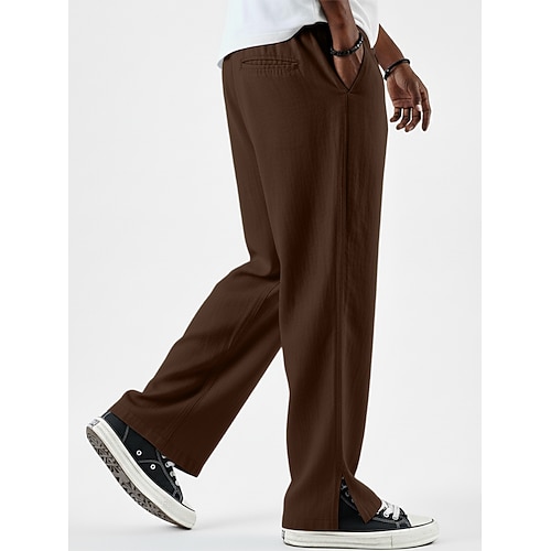 Herren Leinenhosen Hose Freizeithose Sommerhose Baggy-Hosen Kordelzug Elastischer Bund Gerader Schnitt Einfach Komfort Atmungsaktiv Volle Länge Lässig Täglich Outdoor Urlaub Mode Purpur Braun Image