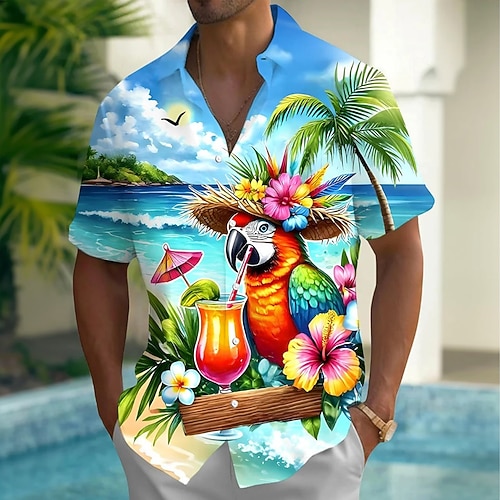 Herren Papagei Tropische Pflanzen Blumen Sommer Hawaiihemd Knopfhemd Alohahemd Kurzarm Hawaiianisch Urlaub Sommer Frühling Umlegekragen 3D-Druck Hemden mit Kragen Eine Tasche vorne Blau Image